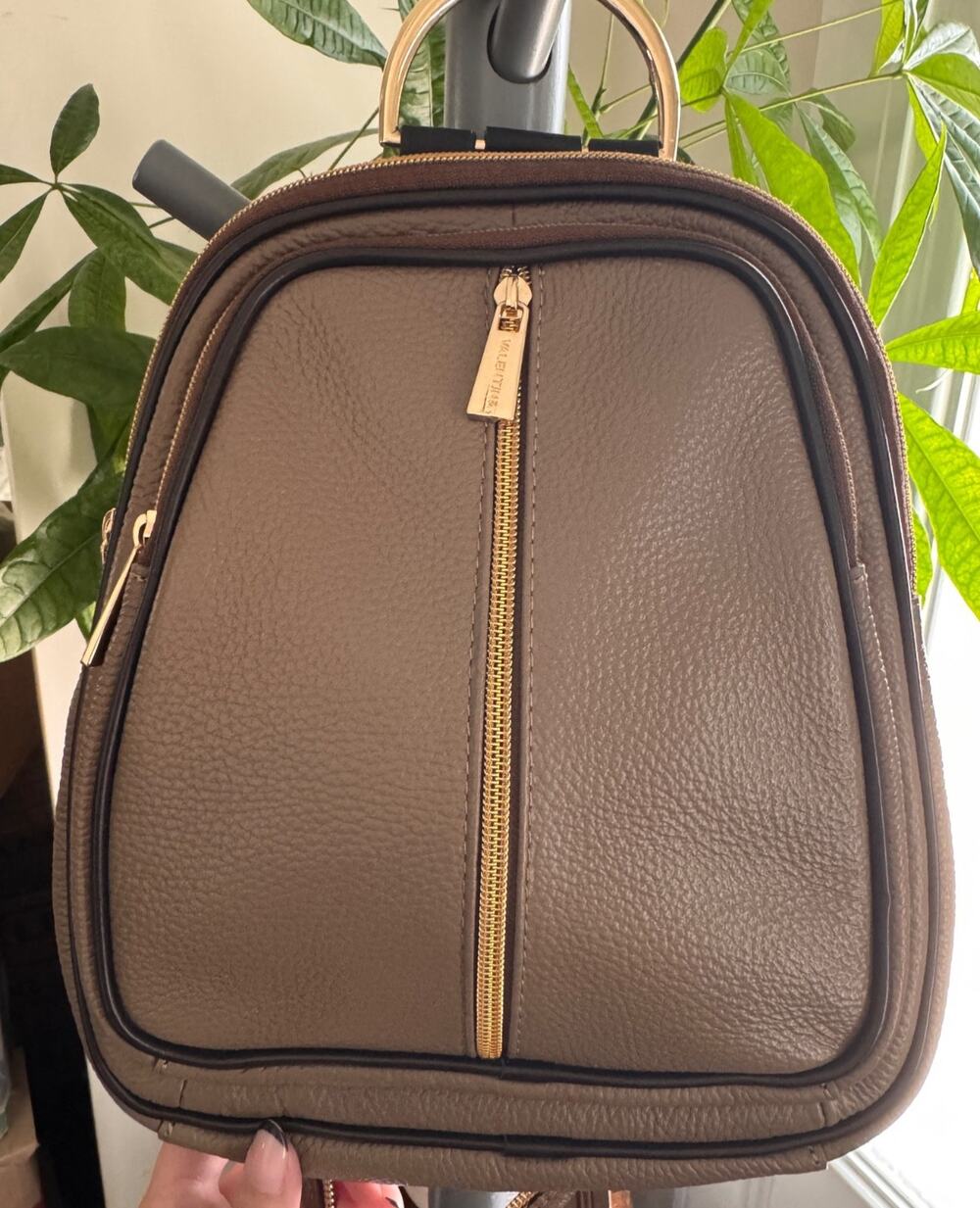 VALENTINA Pebbled Leather Convertible Sling Backpack Purse Bag Taupe P02